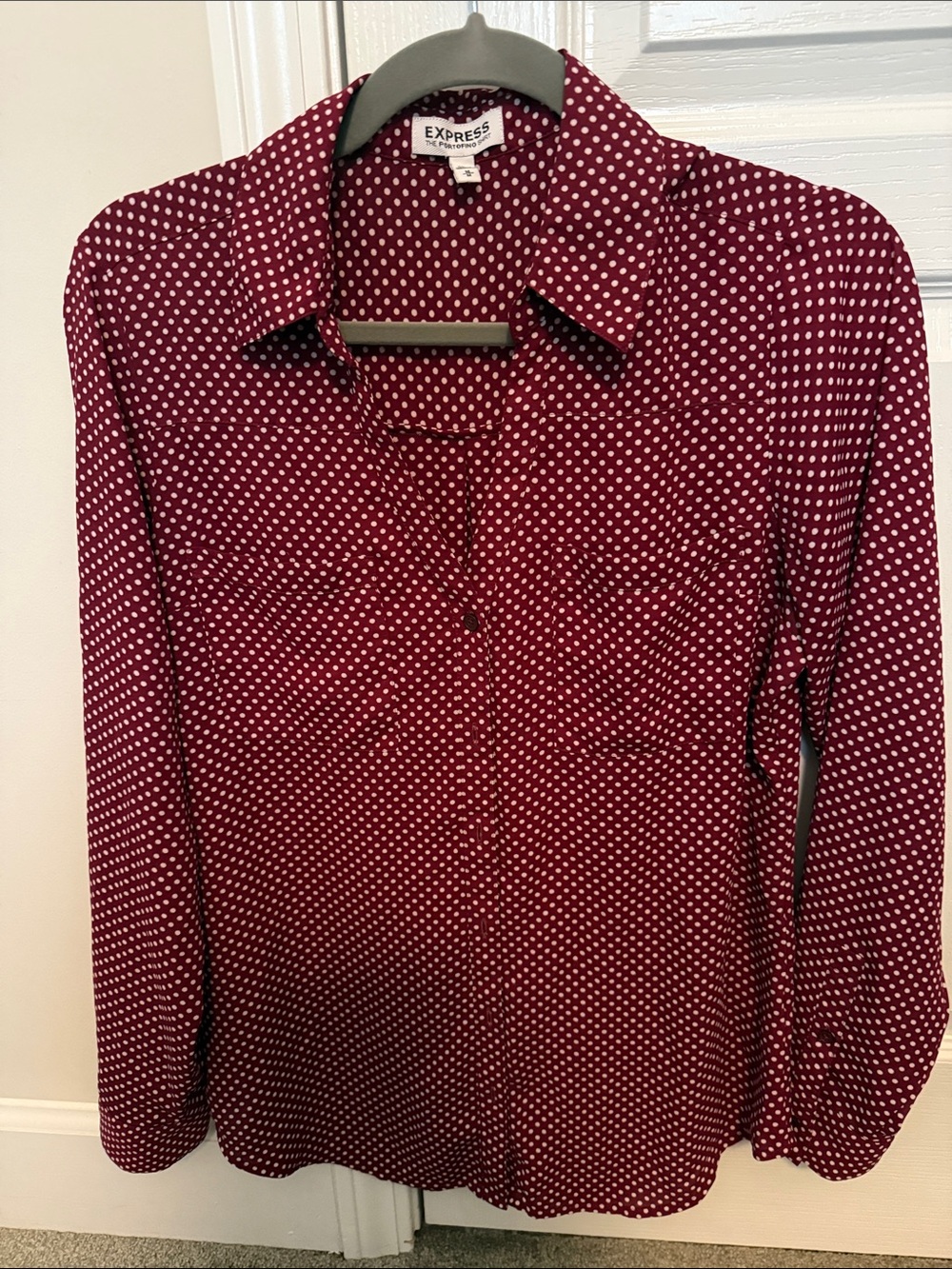 Express Burgundy Polka Dot Button-Up Blouse